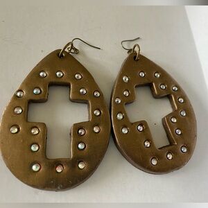 Bronze cross cut out clay earrings
